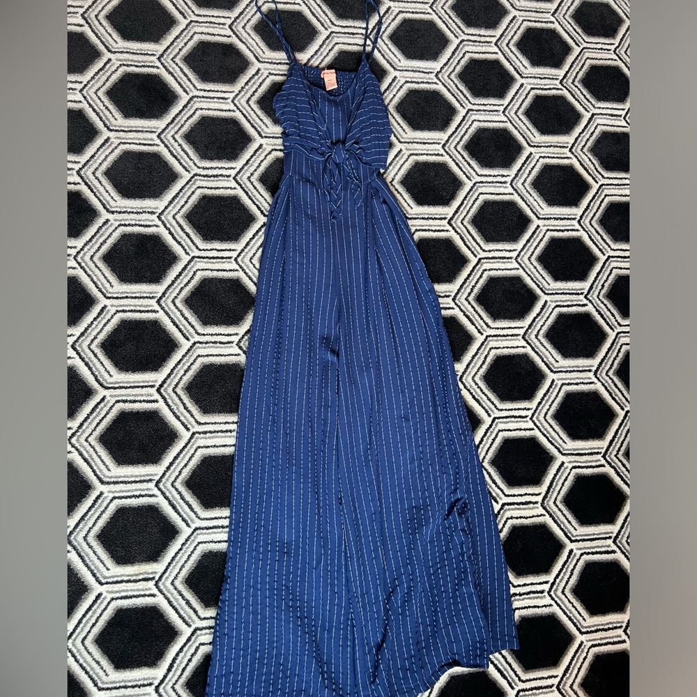 Blue pinstripe jumpsuit cutout back